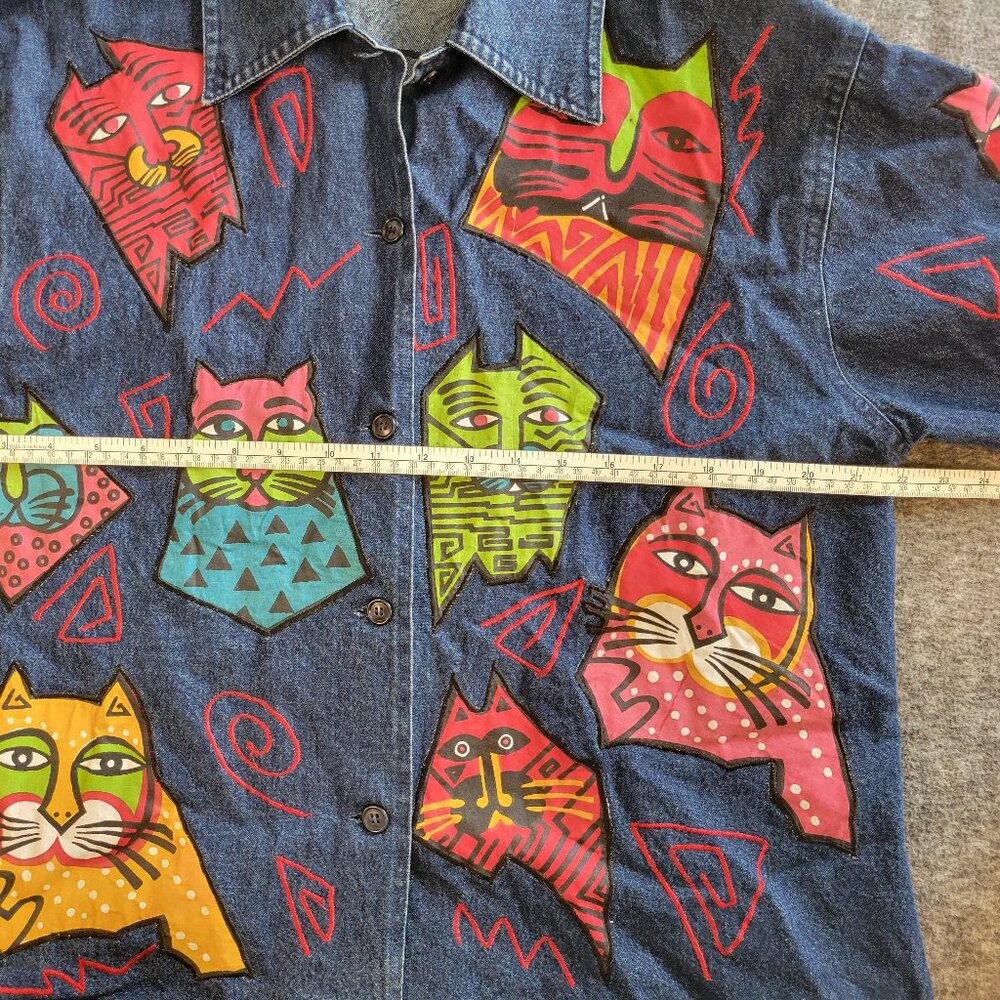 VTG Cat Patch Denim Jacket M Funky 90s Upcycled Custom Handmade Layer - Picture 7 of 10